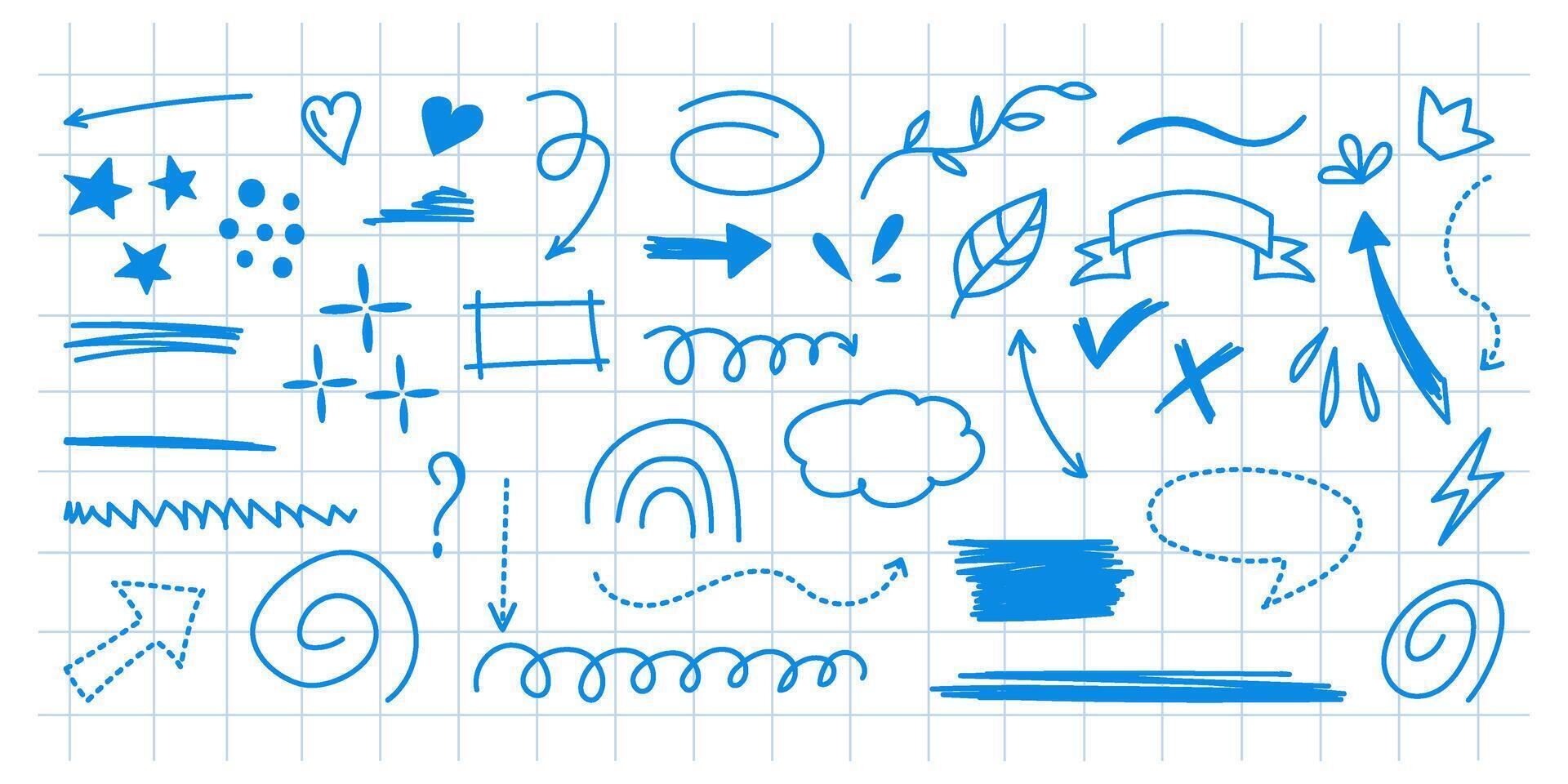 Hand-drawn blue doodle elements on checkered grid paper background vector