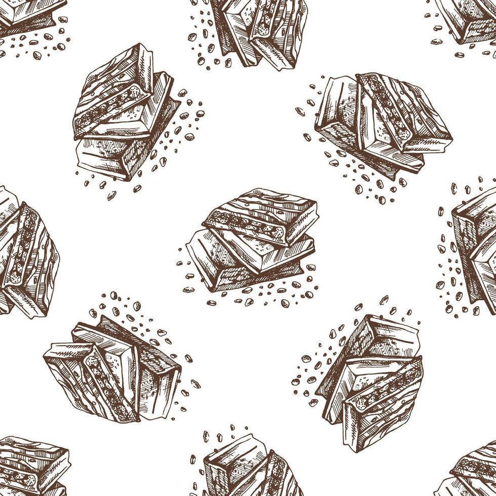 Seamless pattern of chocolate sketch with crumbs on white background vector