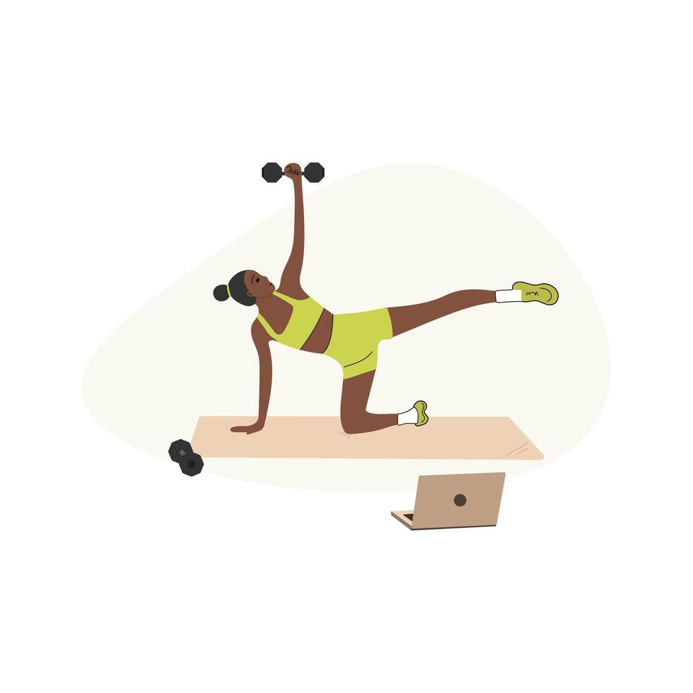 Slim girl with dumbbells doing online workout. African American woman doing exercises online. Online fitness concept. vector