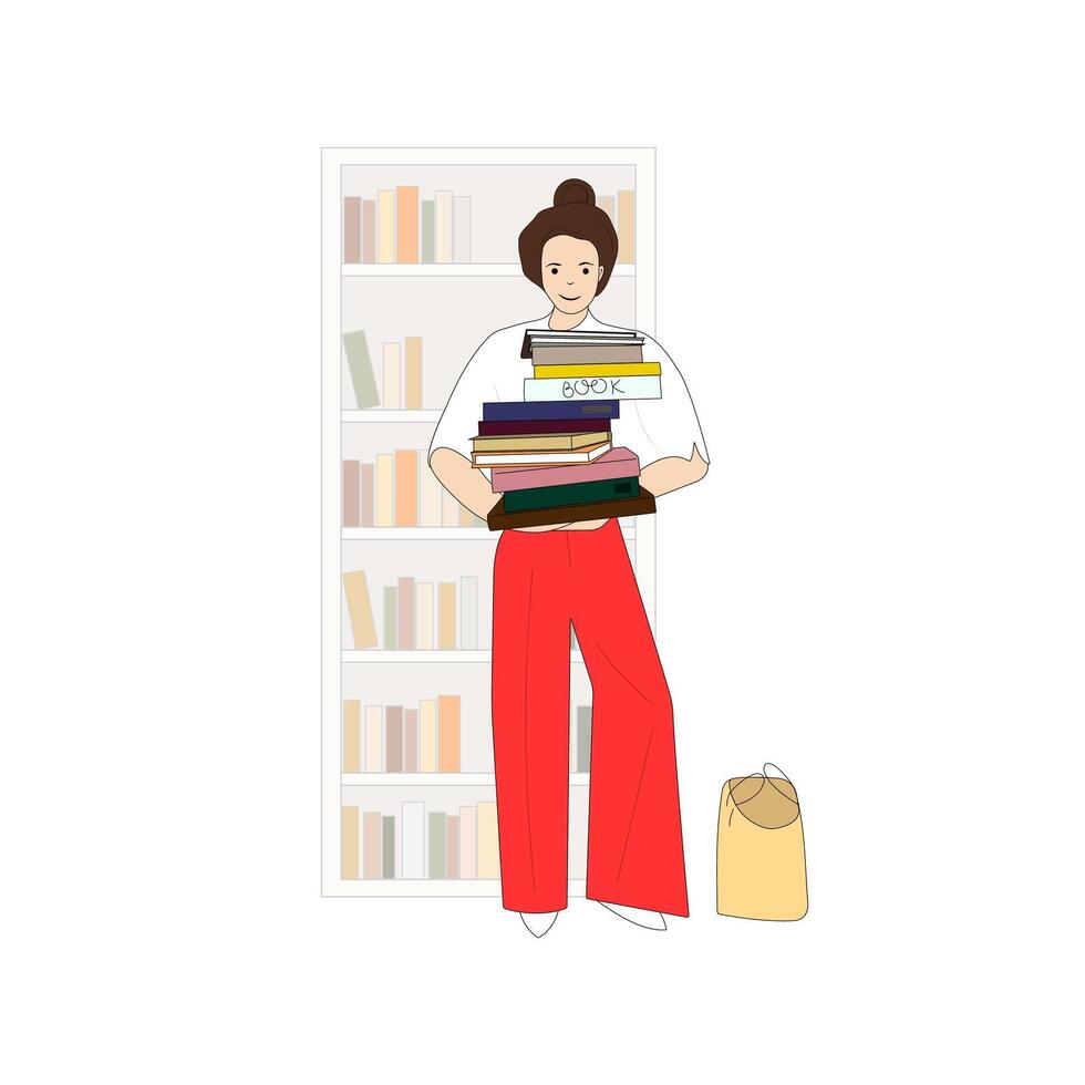 A young woman is holding a stack of books with a bookshelf in the background. World book day. Education, study and literature concept. vector