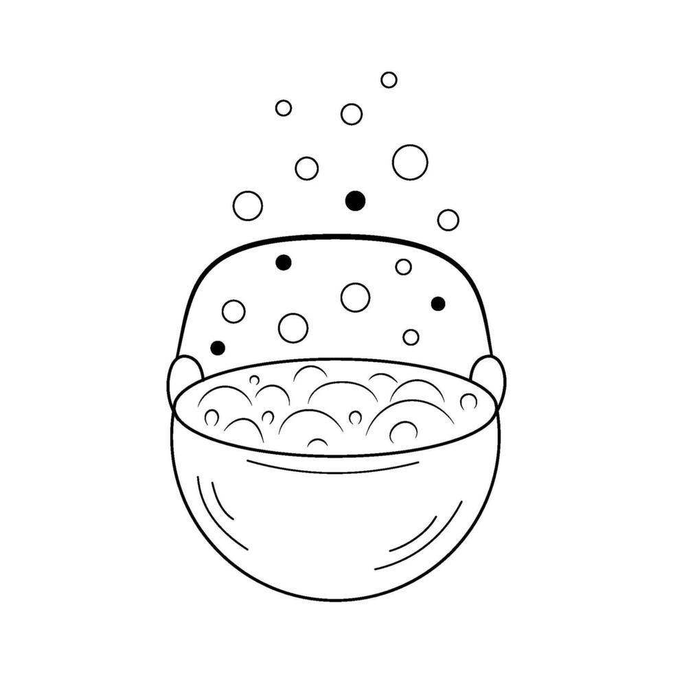 Cauldron of liquid boils and bubbles. Witches cauldron with handle with potion. Doodle Isolated illustration theme magic, Halloween, esotericism. vector