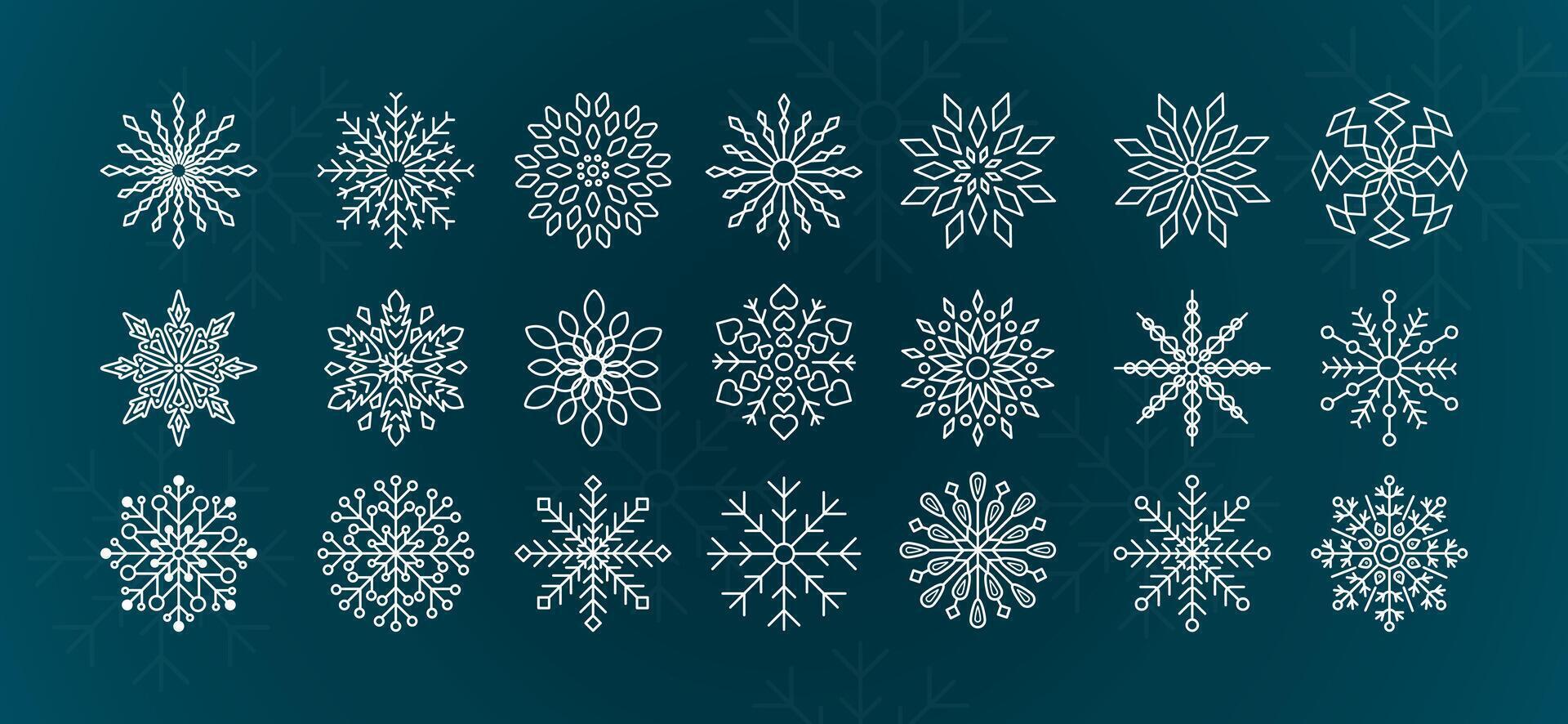 White line snowflakes set for winter design element. Silhouette snowflakes isolated on turquoise background. Freeze symbol icon collection. Snow Ice crystal shape graphic. vector