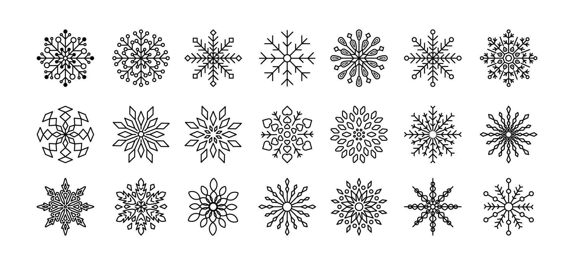Black snowflakes set for winter design element. Silhouette snowflakes isolated on white background. Freeze symbol icon collection. Snow Ice crystal shape graphic. vector