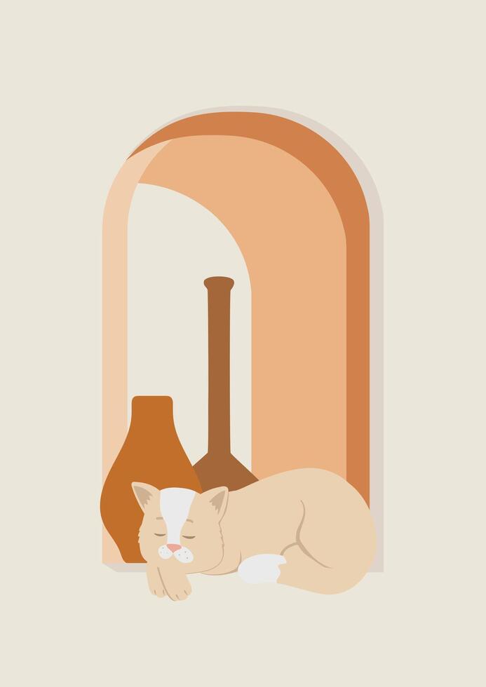 Illustration with cat boho printable art. Aesthetic minimalist poster with vases and sleeping kitten vector