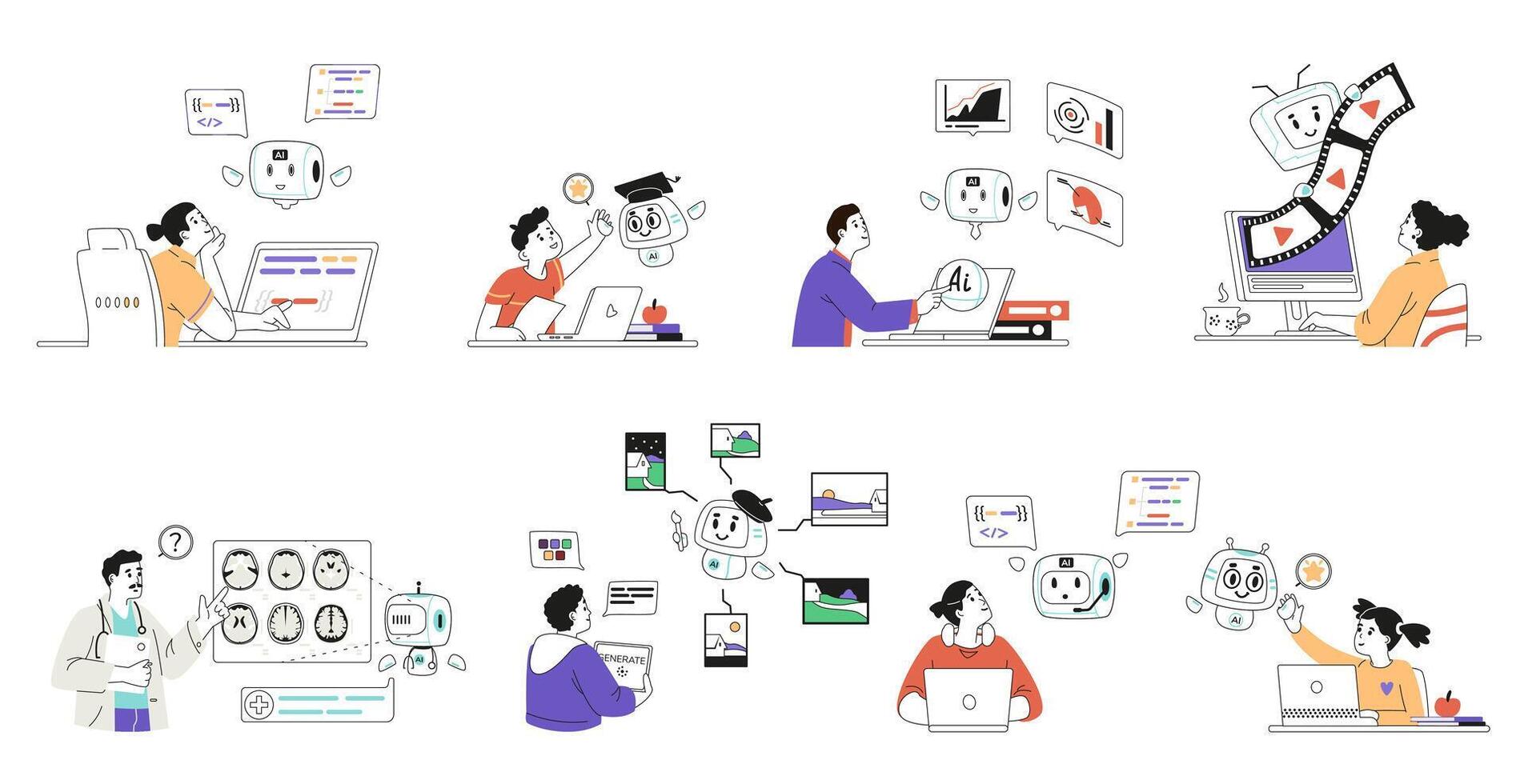 People interacting with artificial intelligence in different spheres linear illustrations set. People using AI in programming, business analytics, education, motion and graphic design, medicine vector