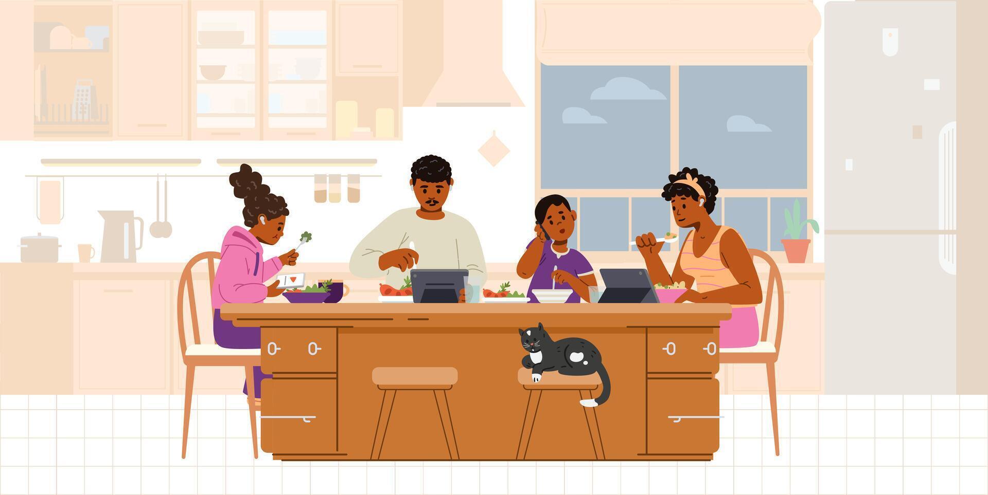 Gadget-addicted African American family with two kids at dinner table in the kitchen flat illustration isolated on white. Parents and children using tablets and smartphone while eating. vector