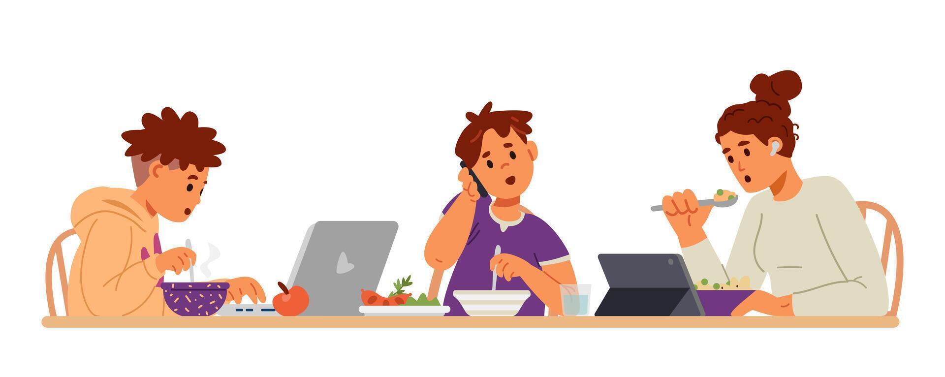 Gadget-addicted family at dinner table flat illustration isolated on white. Mother and two sons using tablets and smartphone while eating. vector