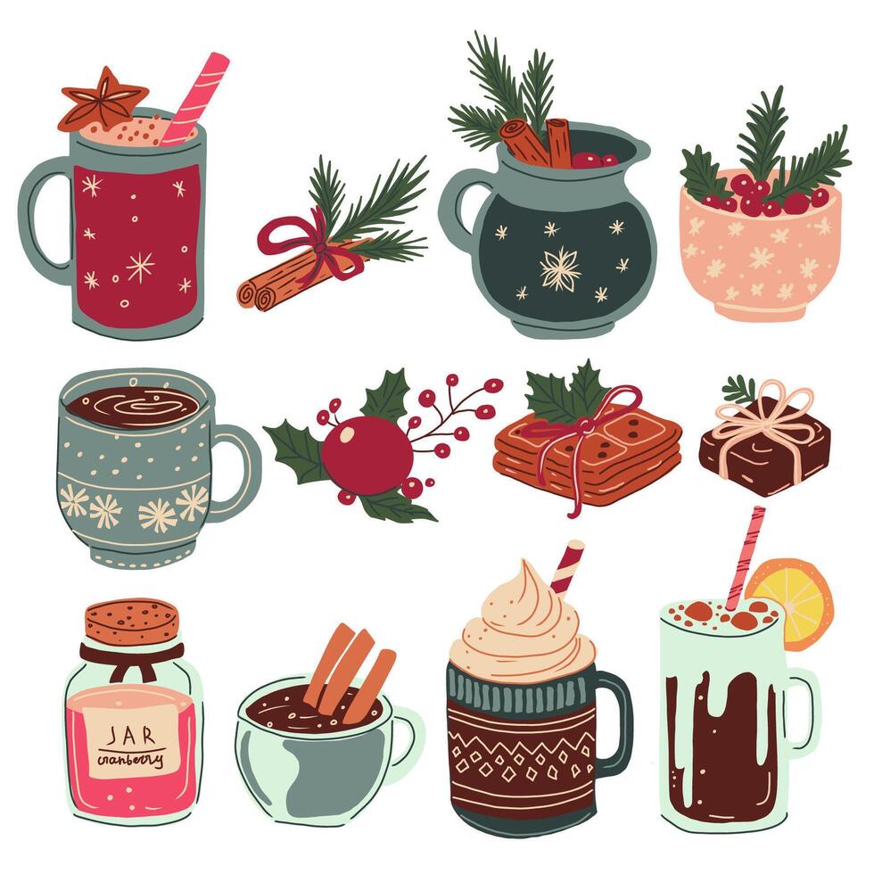 Hand drawn set of festive winter drinks. Mulled wine, hot chocolate, coffee, cranberries jar, candies. vector