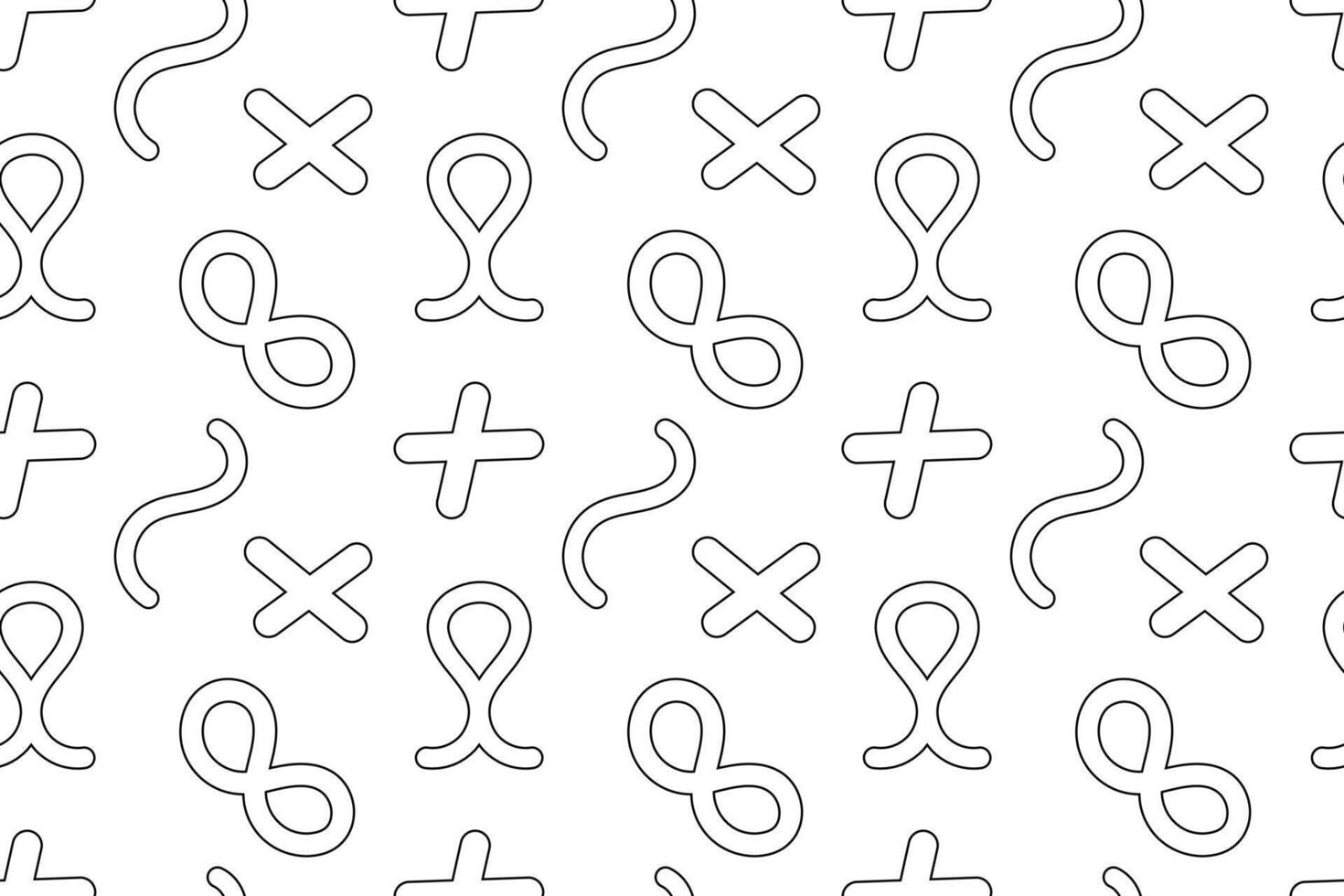 Seamless pattern of abstract shapes including infinity symbols, crosses, ribbons, and curves, ideal for kids coloring. vector