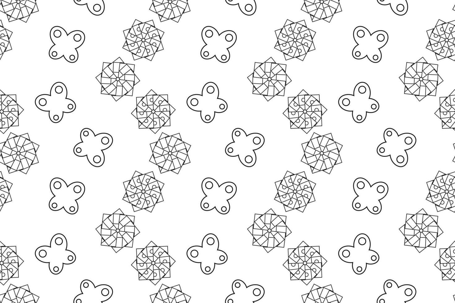 Seamless pattern featuring kaleidoscope-inspired flowers and butterfly-like shapes in black and white for coloring. vector