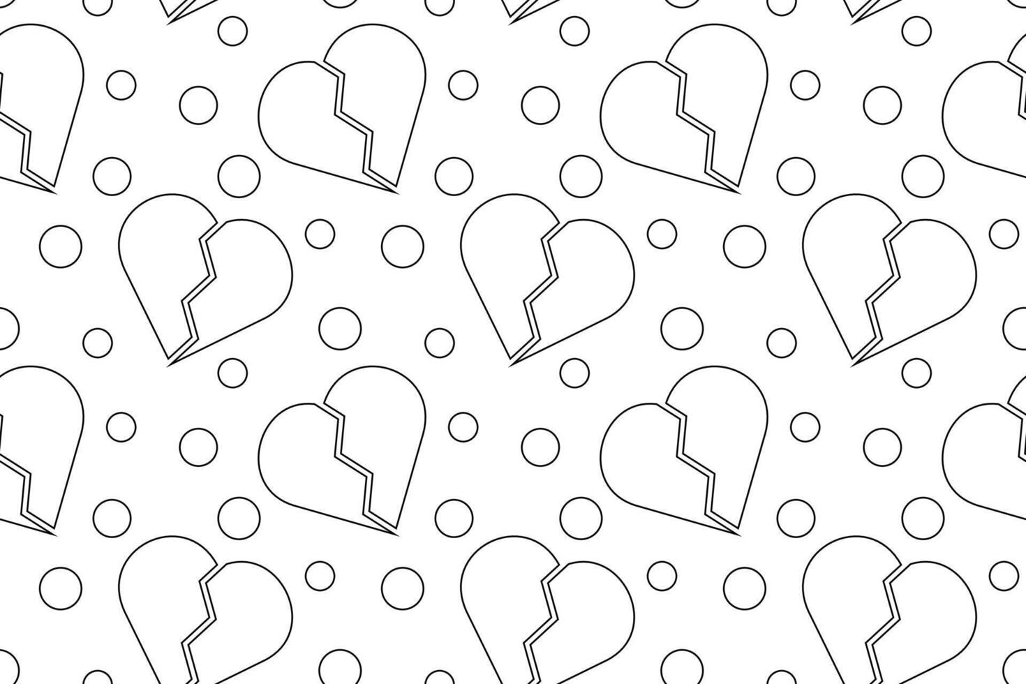 Black and white seamless pattern featuring broken hearts and circles, perfect for childrens coloring pages. vector