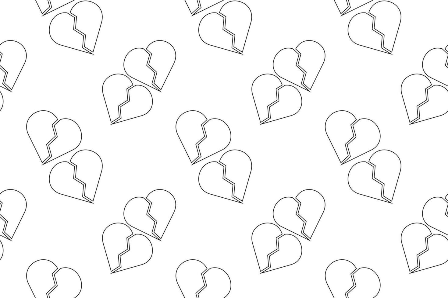 Seamless black and white pattern featuring broken heart outlines in pairs, ideal for childrens coloring activities. vector