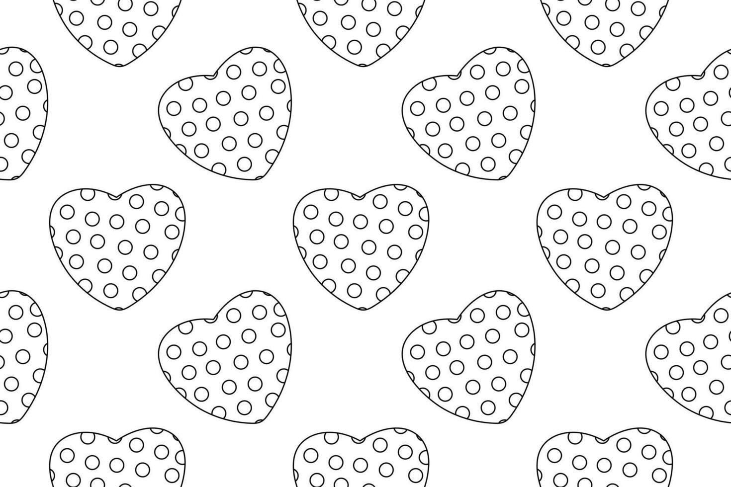 Black and white seamless pattern of polka dot heart outlines, perfect for coloring pages and craft projects. vector