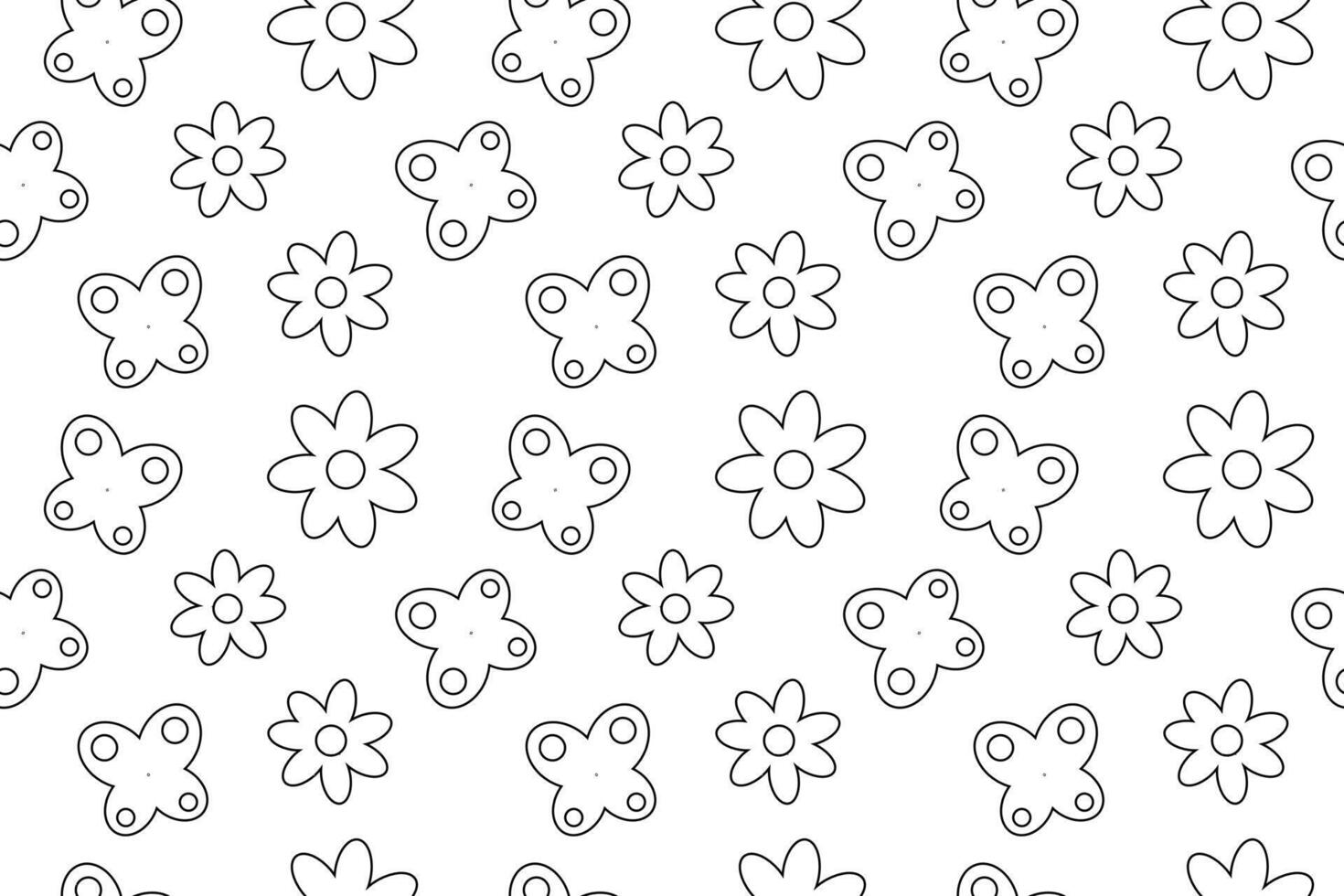 Black and white seamless pattern of butterfly and flower outlines, ideal for childrens coloring pages. vector