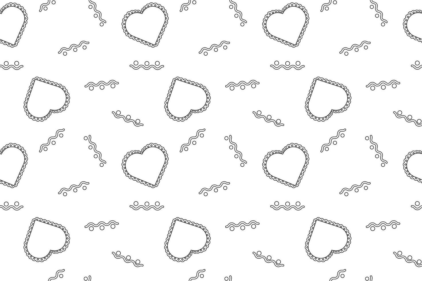 Seamless pattern of decorative lace hearts with wavy lines and dots, perfect for childrens coloring activities. vector