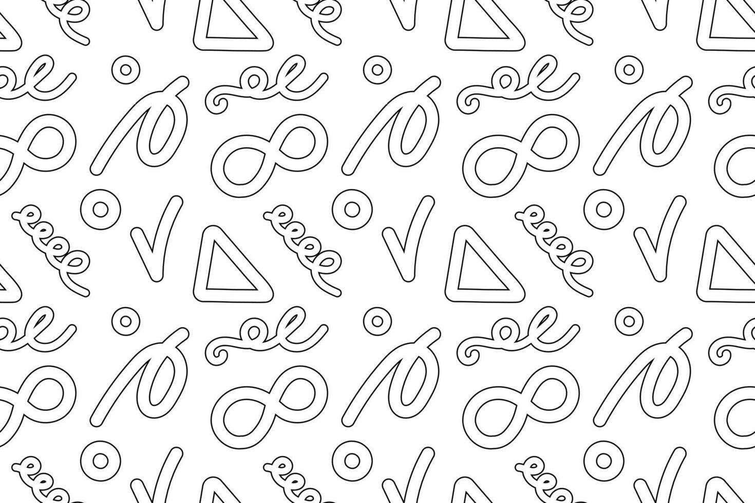 Seamless pattern of abstract symbols including infinity signs, triangles, and swirls, perfect for childrens coloring fun. vector