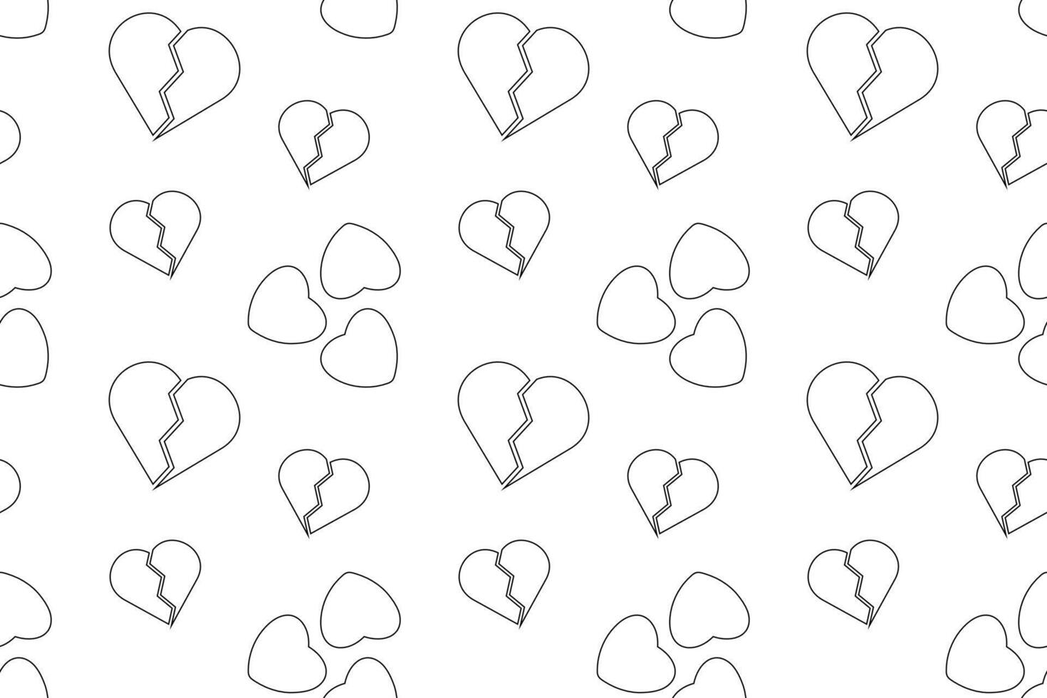 Black and white seamless pattern of broken and whole heart outlines, ideal for coloring pages and crafts. vector