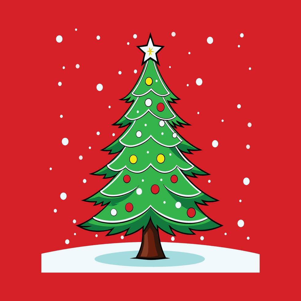 Whimsical Cartoon Christmas Tree with Red Background vector