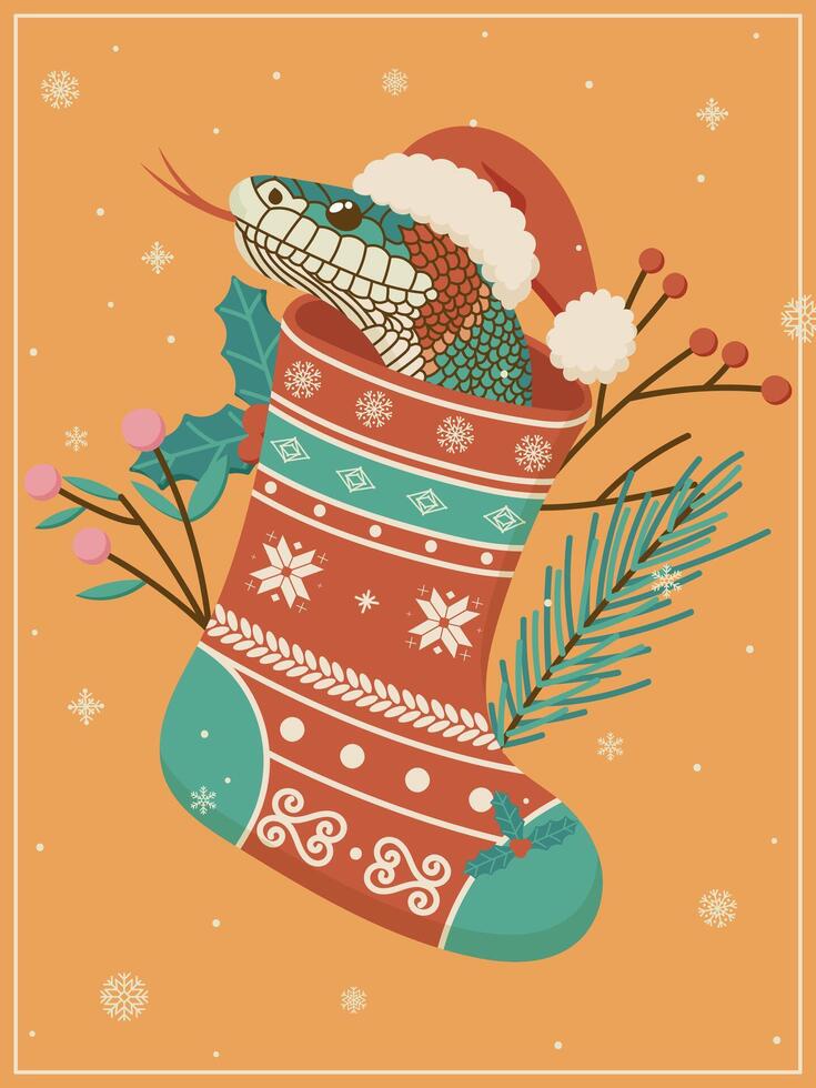 Snake in a Santa Claus Hat in a Christmas sock, Christmas and New Year Poster, Snake Year vector