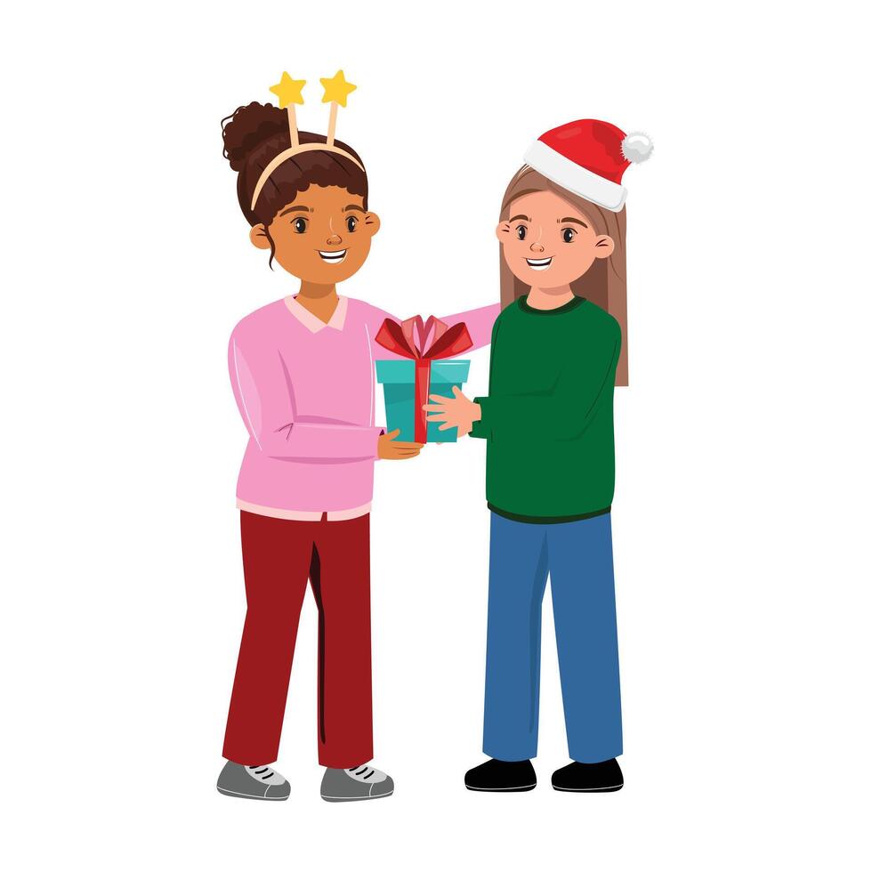 Festive scene of two happy friends exchanging a gift, featuring holiday vibes and cheerful expressions vector