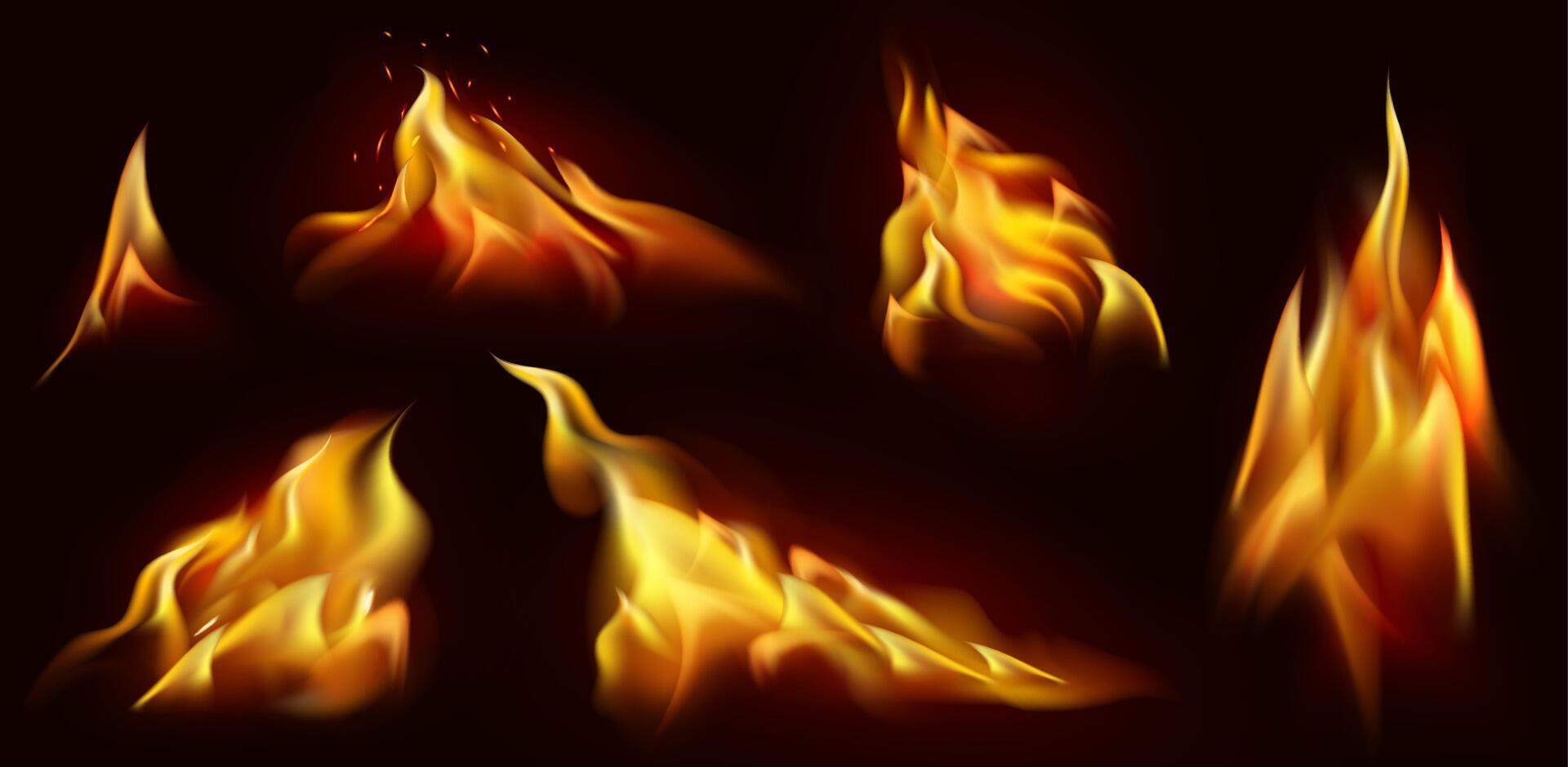 Realistic fire. Burning flames realistic sparks. Flaming hot red fire, bonfire or campfire glowing fiery 3d elements. isolated on black set vector