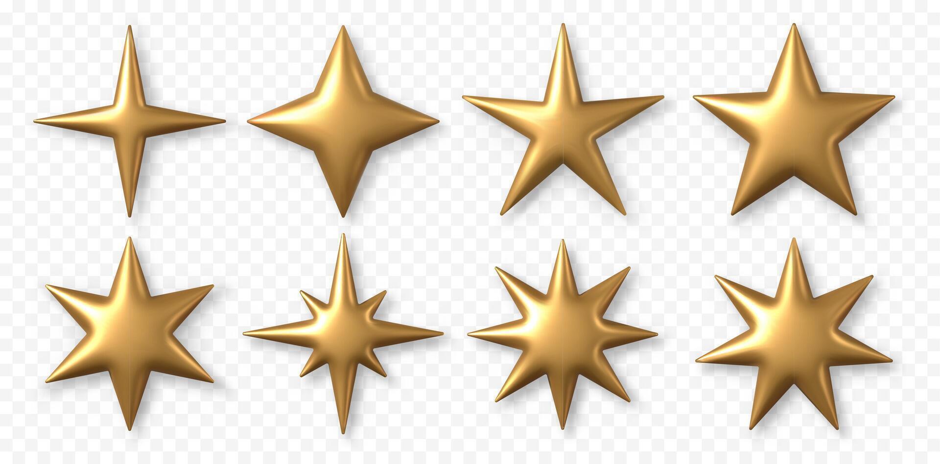 3D golden star. Christmas stars of various glossy shiny shapes. Realistic 3d metallic gold element with drop shadows. trophy star isolated set vector