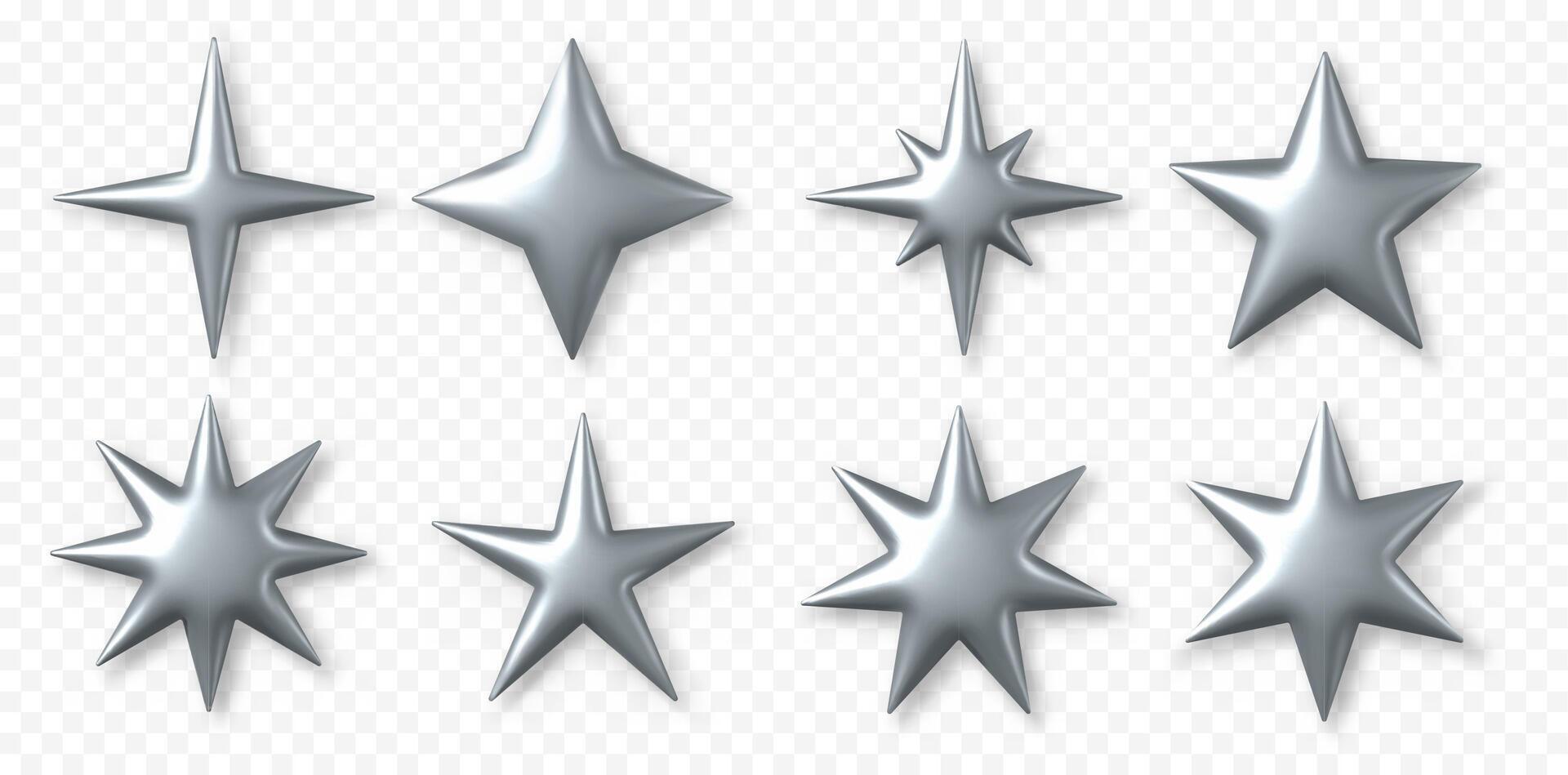 3d silver stars. y2k chrome star shiny shapes. Festive Cristmas and Ramadan, futuristic and celestial, sci-fi glossy, metal glitter elements. isolated set vector