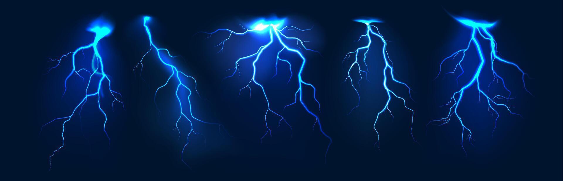 Realistic lightning. Thunder storm blue flash lightnings. Electric strike, thunderbolt bright light effect, power energy charge. isolated set vector