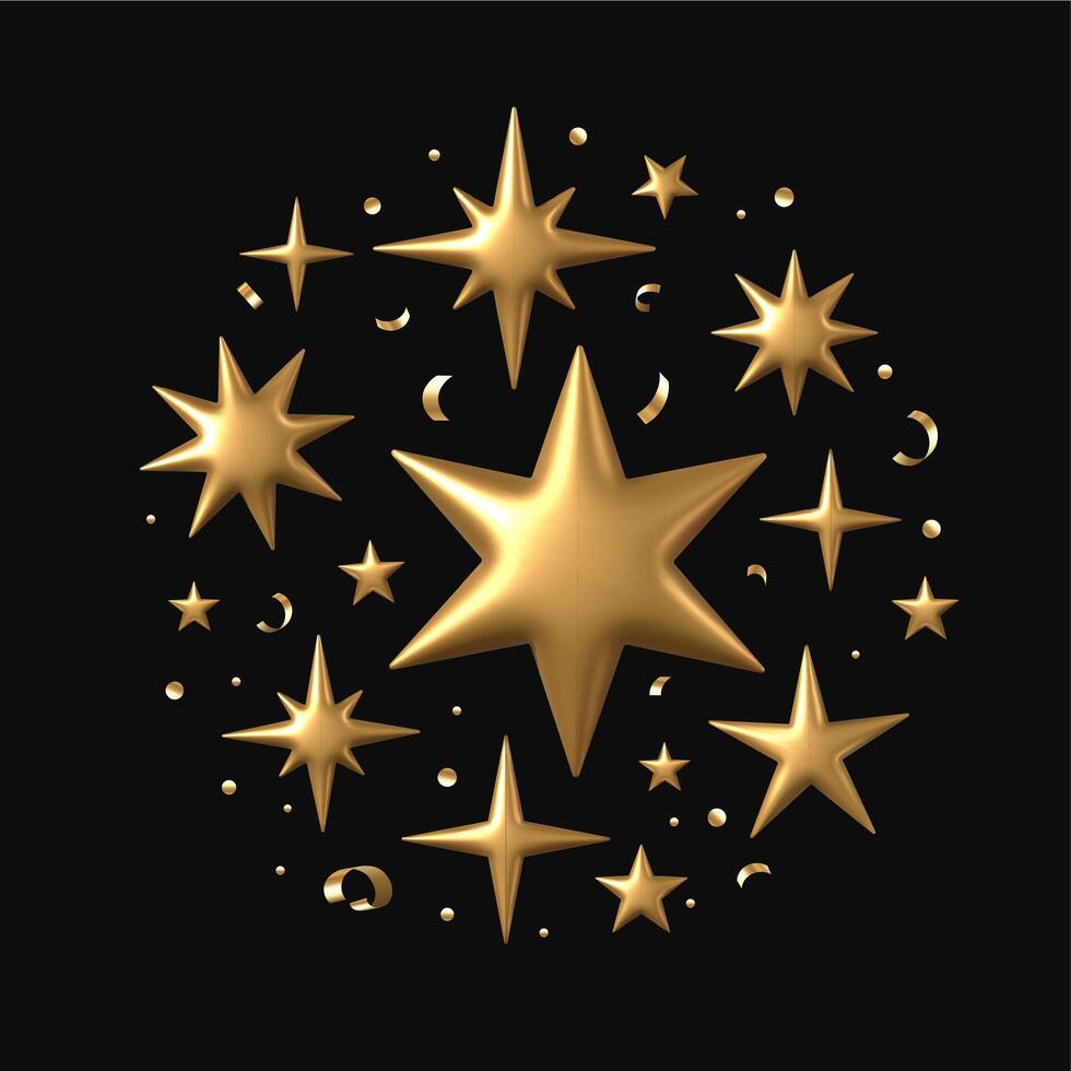 Christmas golden star. 3D stars realistic various gold metallic starry shapes and confetti in circle composition. Xmas winter holiday concept. isolated illustration vector