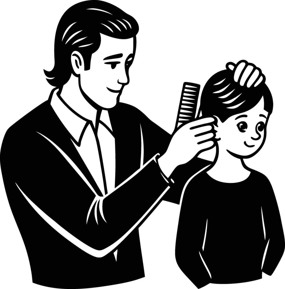 A man combing the hair of a boy vector