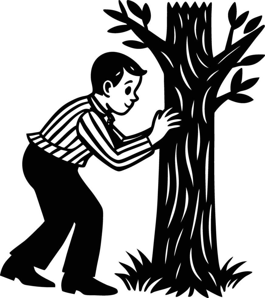 A black and white illustration of a man reaching for a tree vector