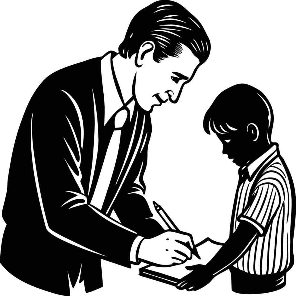 A black and white illustration of a man writing to a boy vector