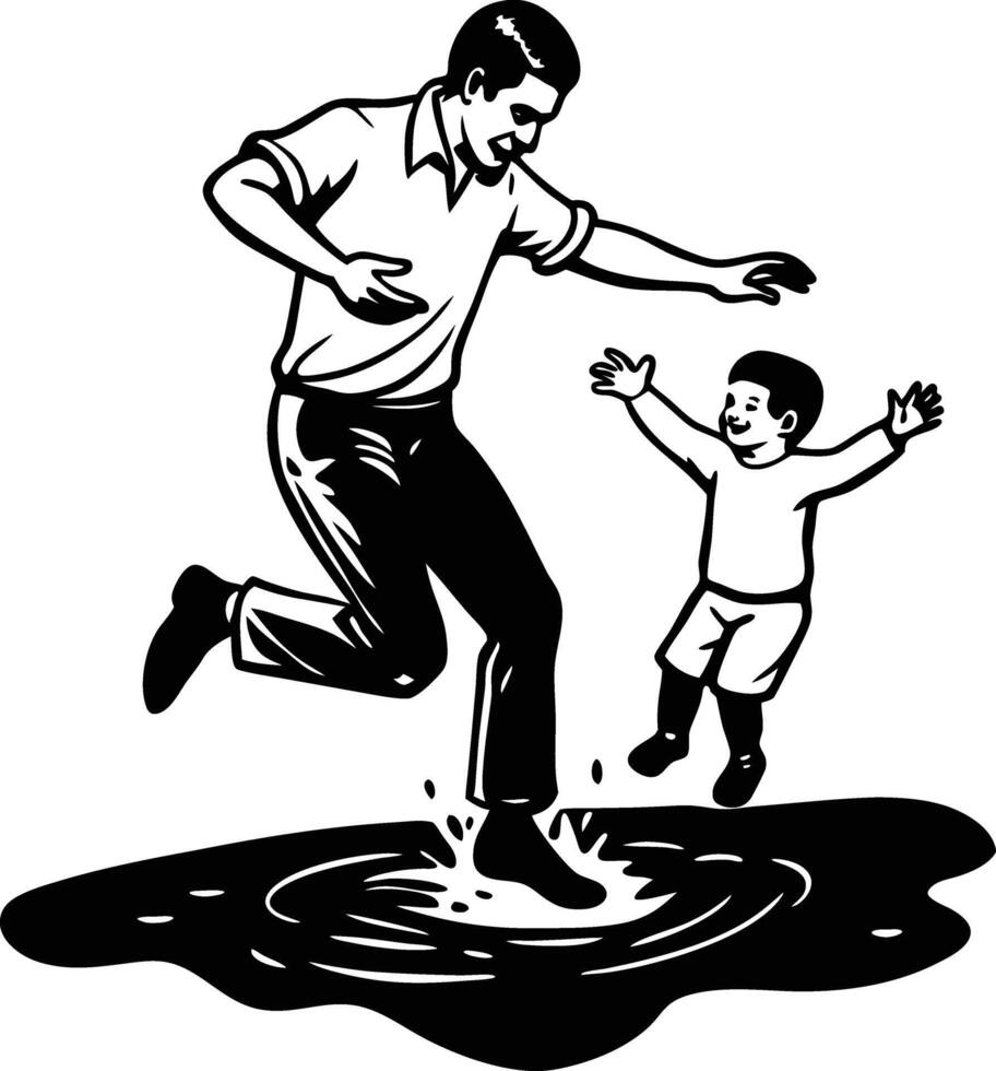 Father and son jumping in puddle clipart vector