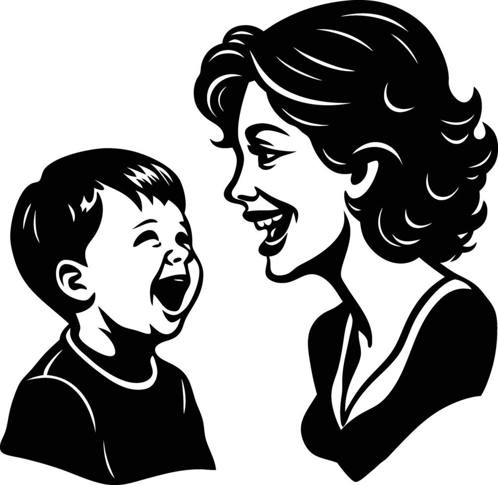 A black and white drawing of a mother and son vector