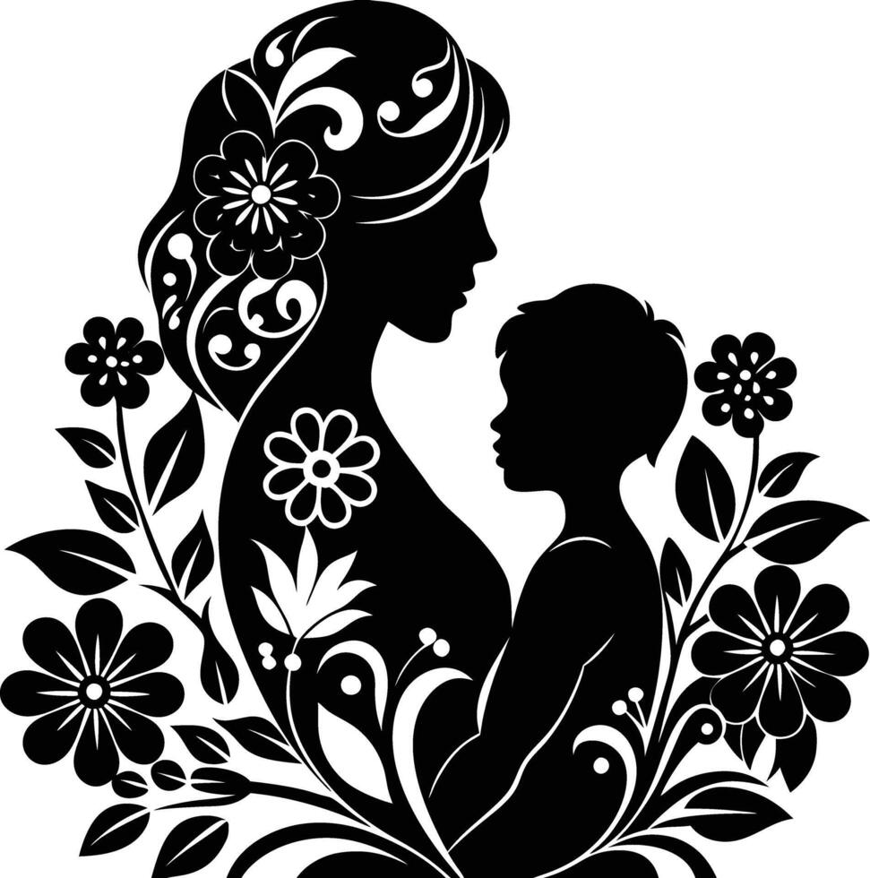 Silhouette of a mother and child with flowers vector