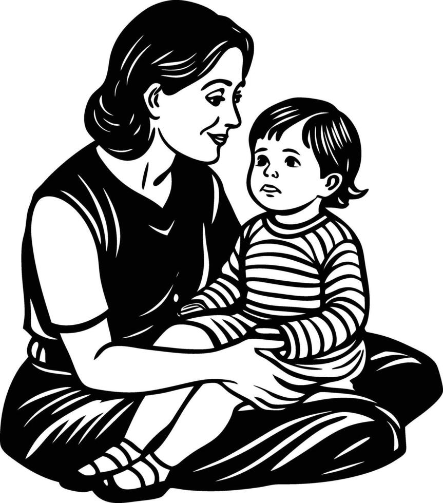 A black and white drawing of a mother and child vector