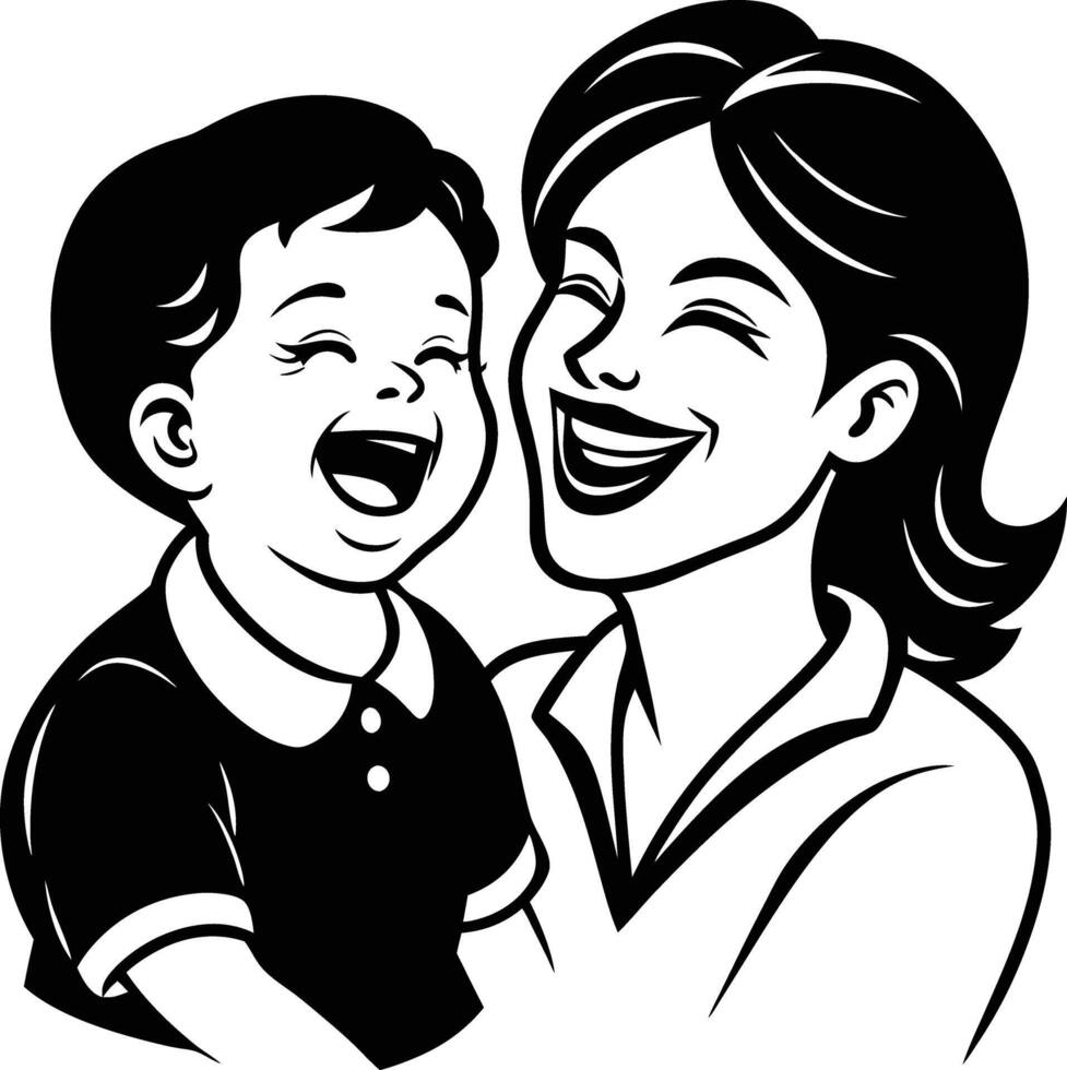 A black and white drawing of a mother and son vector