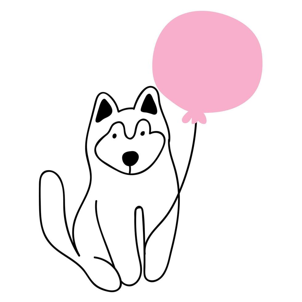 Husky dog with balloon. Outline icon illustration on white background. vector