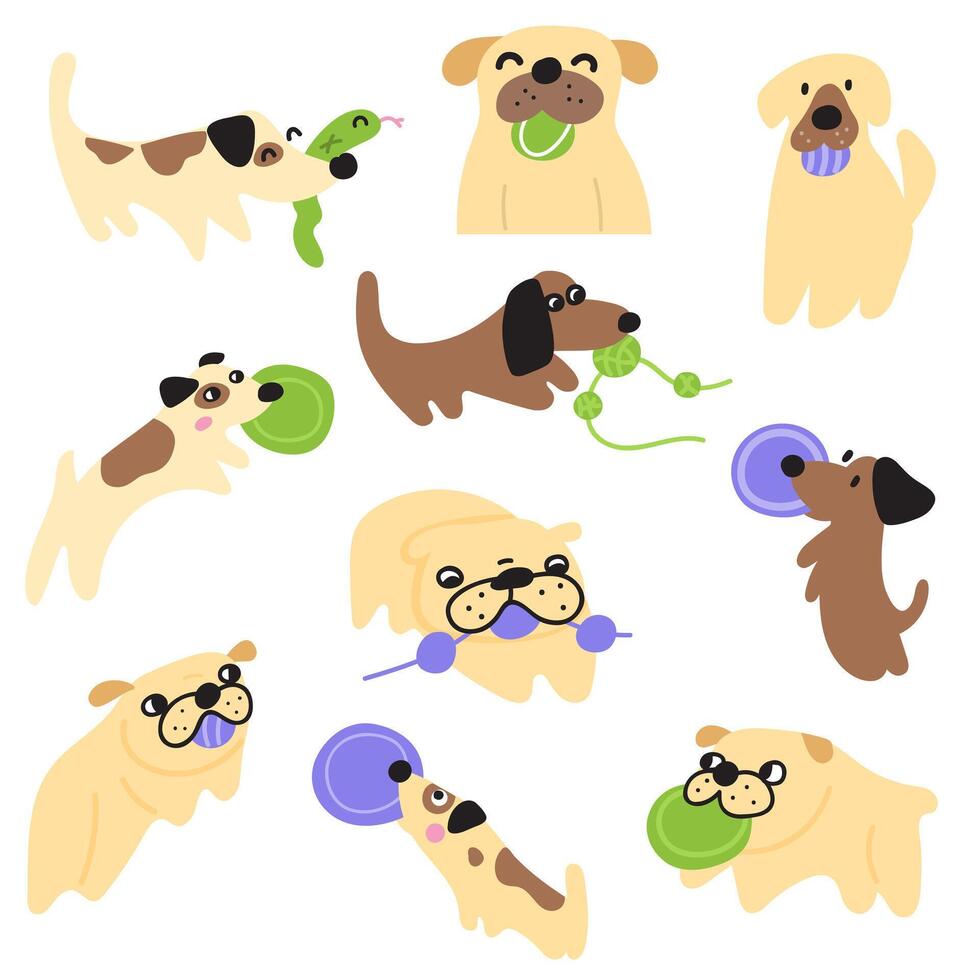 Set of dogs playing with toys. hand drawn icon illustrations on white background. vector