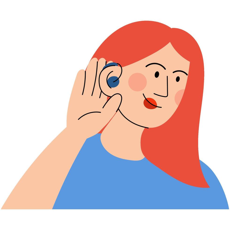 Woman with hearing aid device inserted into ear. Deaf and hear aid concept. World hearing day. vector