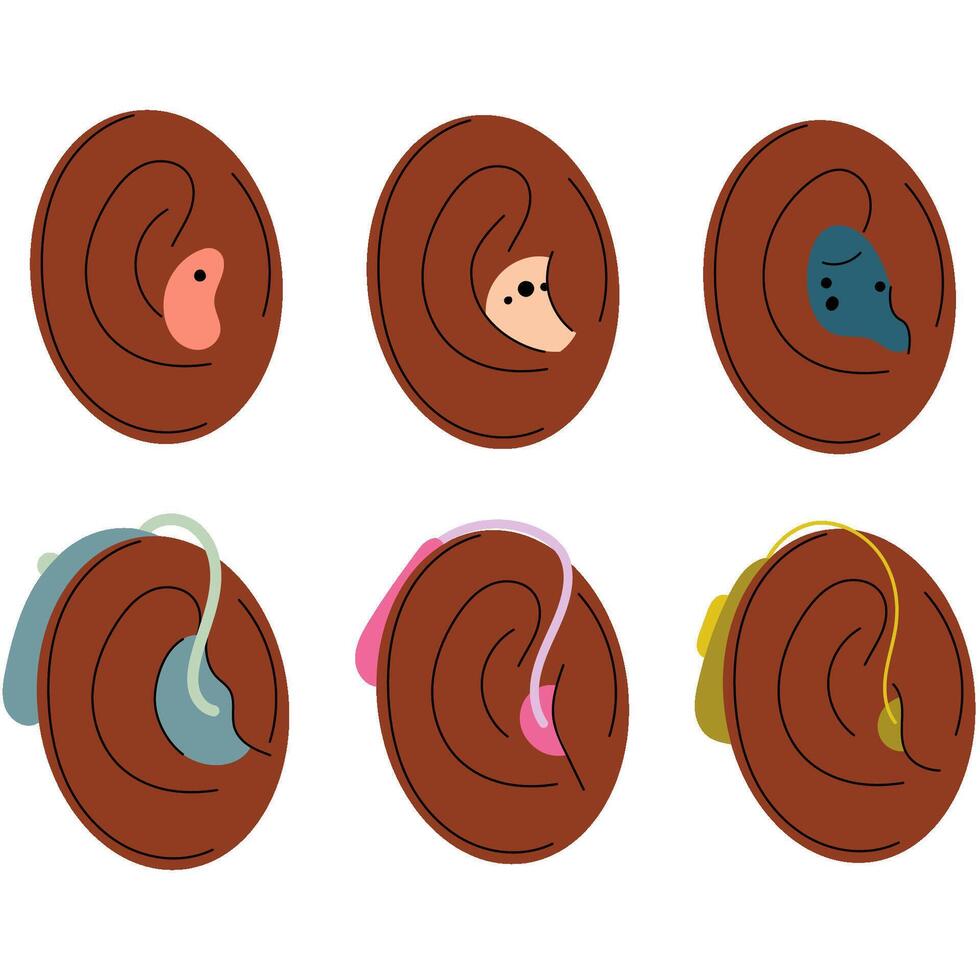Dark-skinned ears with hearing aids, promoting diversity and accessibility.Health medical device vector