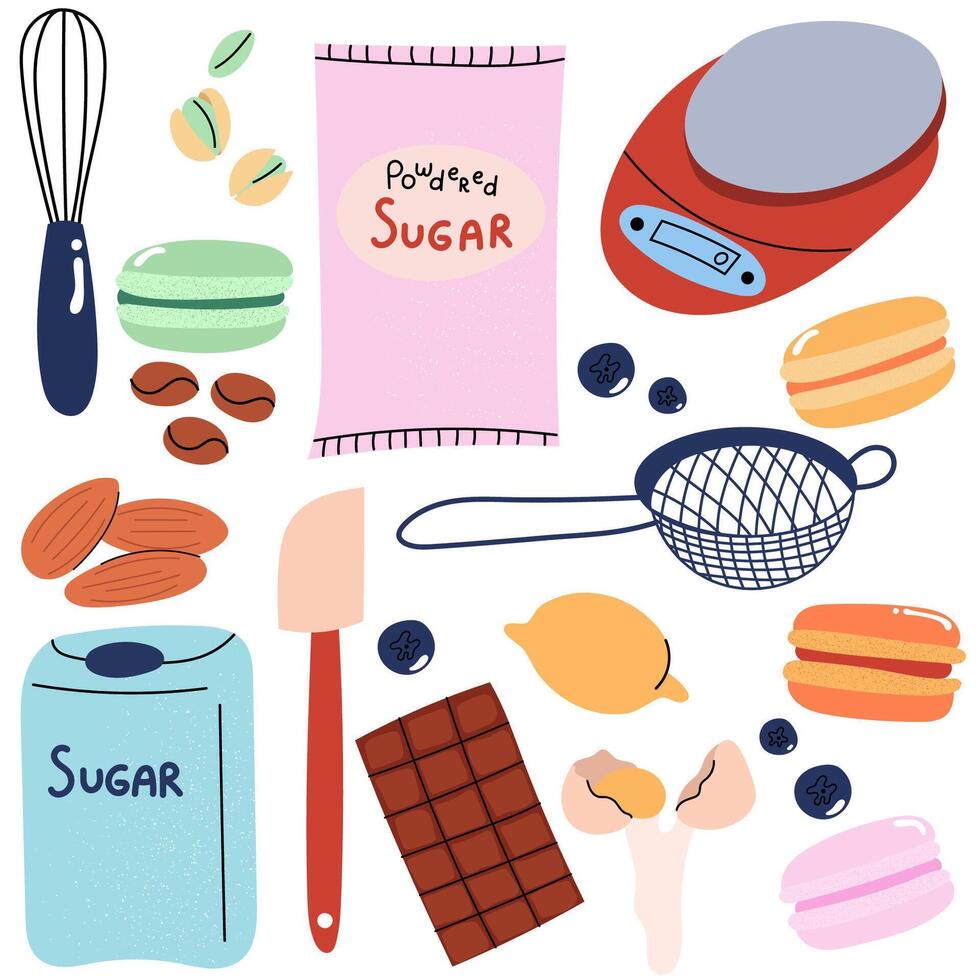 Macarons dessert with baking tools, ingredients, and flavor elements like berries, chocolate, mint and coffee. vector
