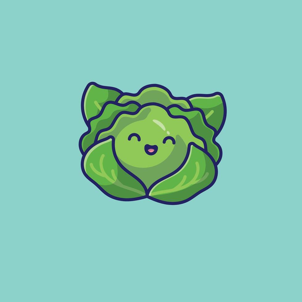 Green cabbage vegetable smiling face mascot cartoon illustration vector