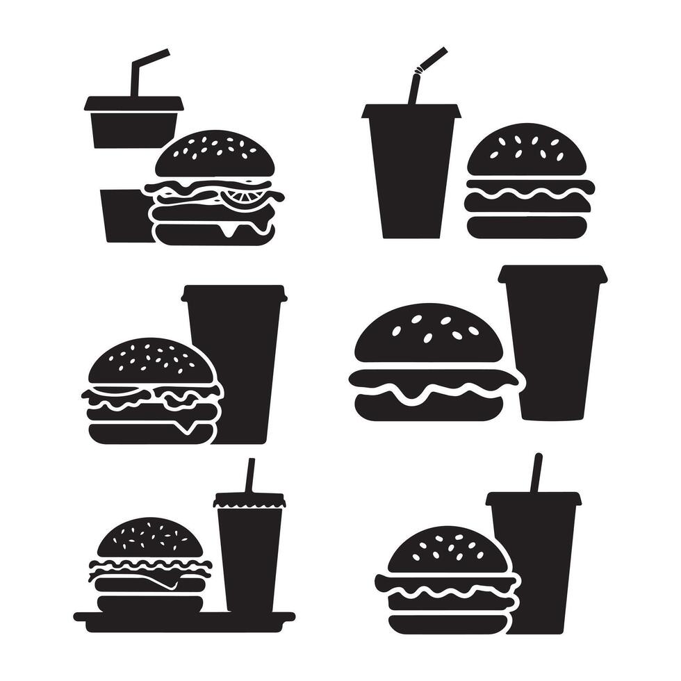 Hamburger and soft drink cup, Fast food icon, Silhouette flat design on white background, illustration vector