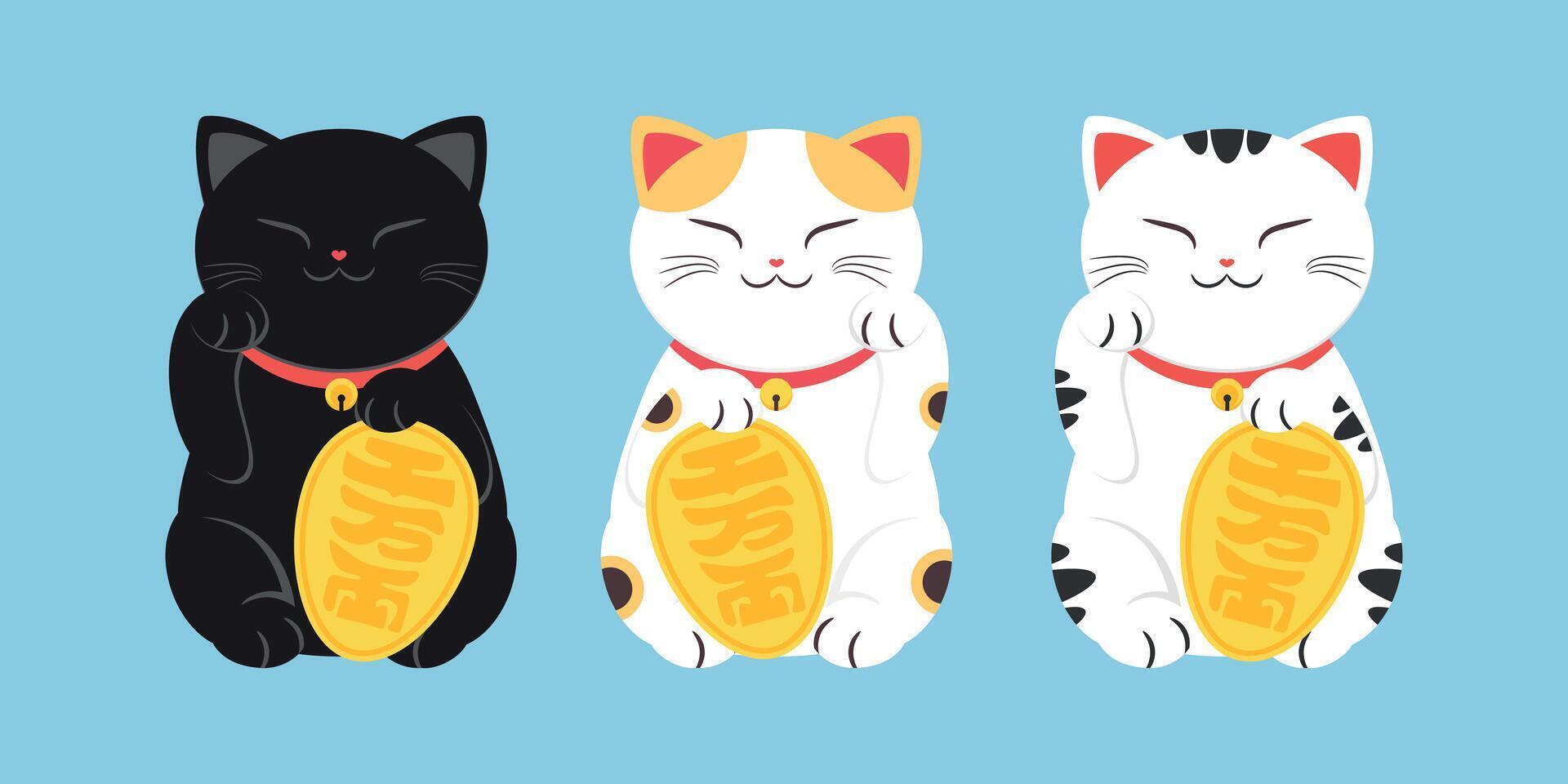 Cute Maneki neko icons set. Japanese lucky cats flat cartoon illustration. Black cat, ginger and black spotted cats. Money cat vector