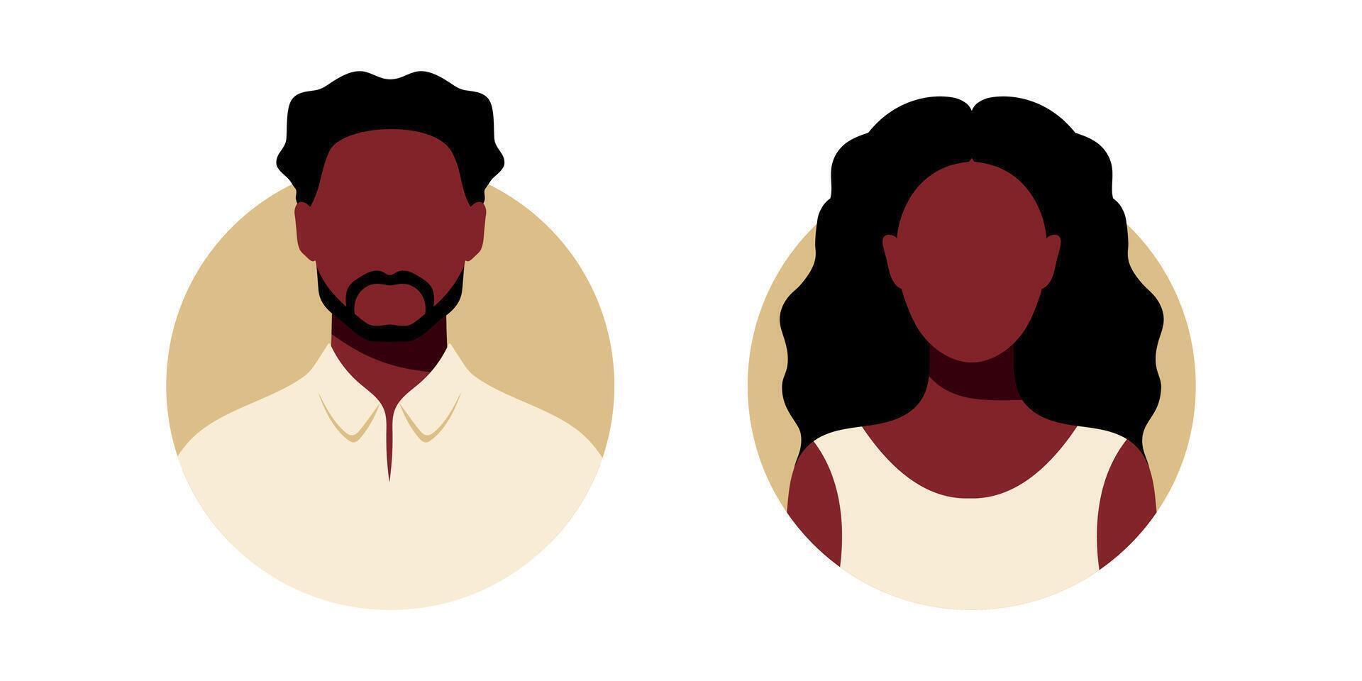 Black woman and man abstract face icons. African American female and male faceless portraits, avatars or anonymous profiles vector