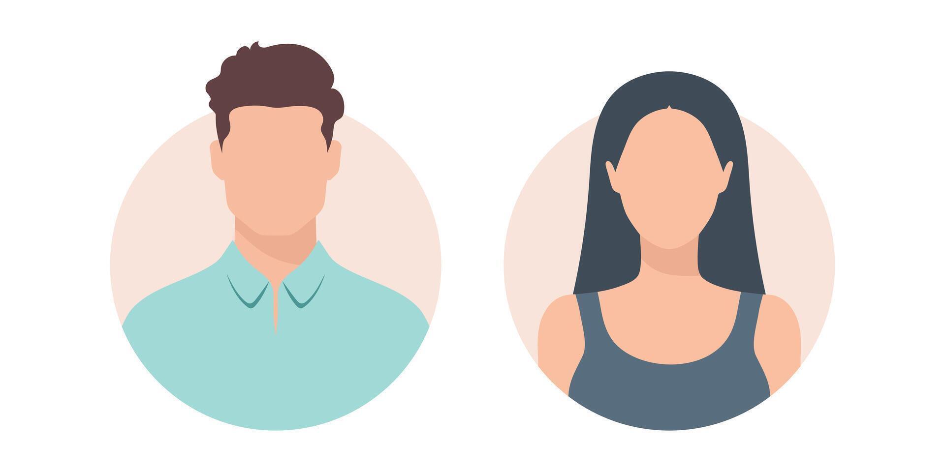 Woman and man abstract face icons. Female and male faceless portraits, avatars or anonymous profiles vector