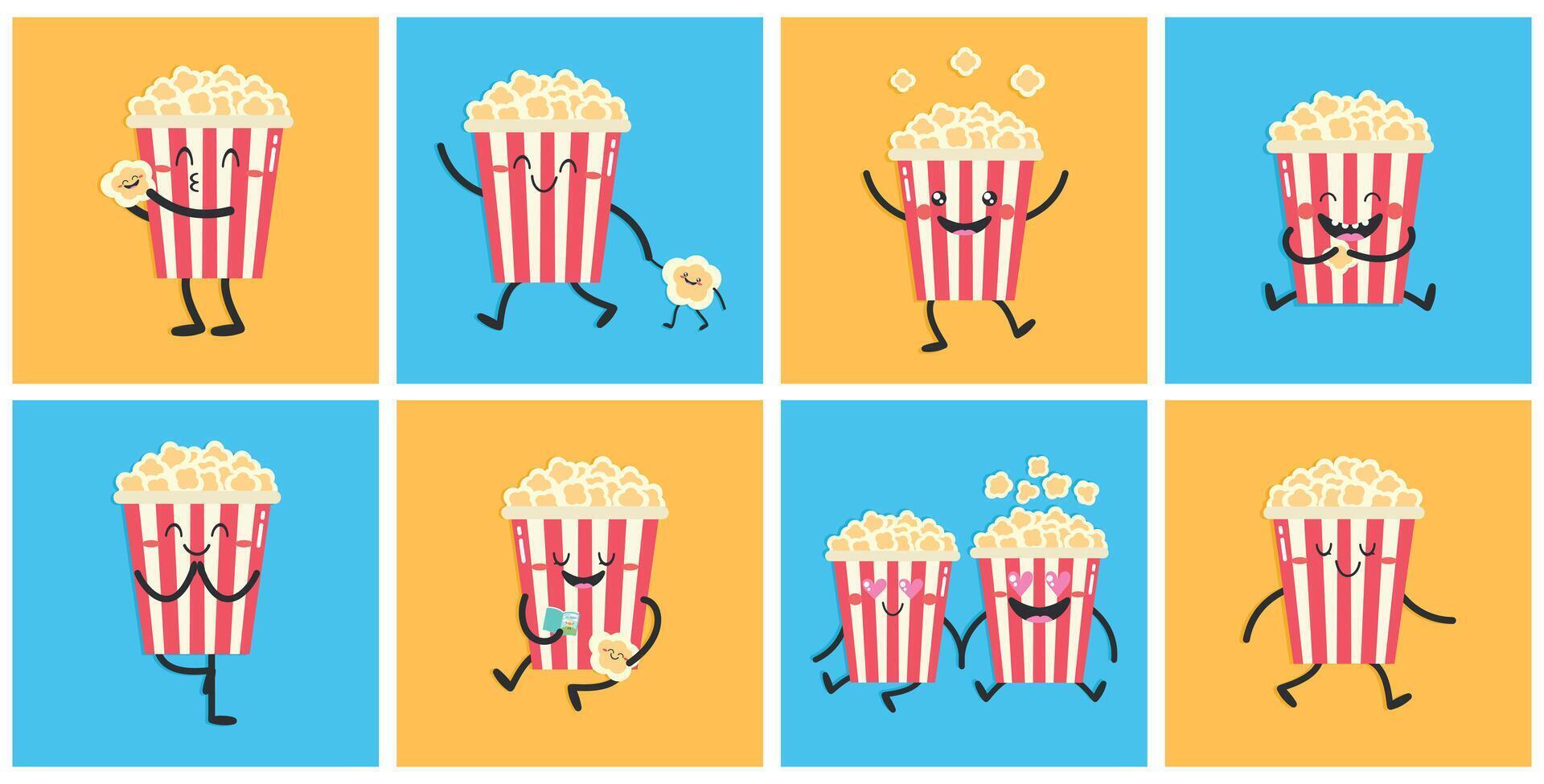 Cute cartoon popcorn characters set. Popcorn bucket mascot icon collection vector