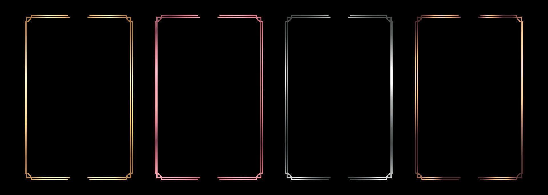 Set of minimalistic art deco style frames in metallic colors. Golden, silver, bronze and pink colored frame borders for invitation cards of wedding vector