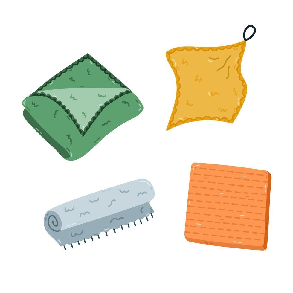 Cute cartoon set with rags, cloth, fabric napkin to cleanse apartment. Hand drawn cleaning cloth collection for wet and dry washing. Funny colorful clipart of supply for housework isolated on white. vector